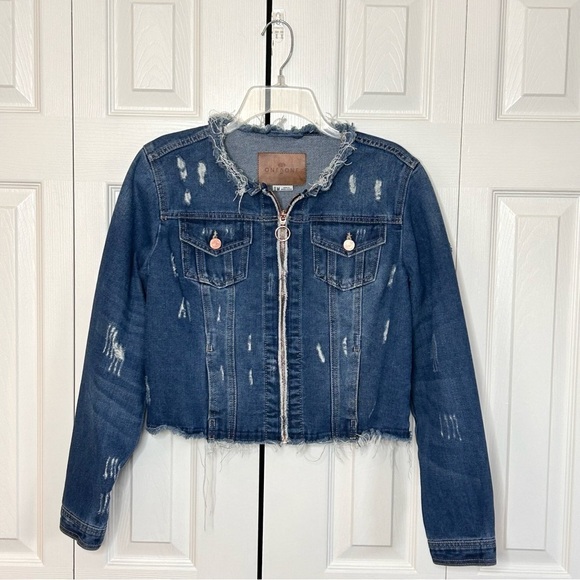 The One 5 One Denim Jacket Medium Blue Distressed Zip Front - Picture 2 of 13